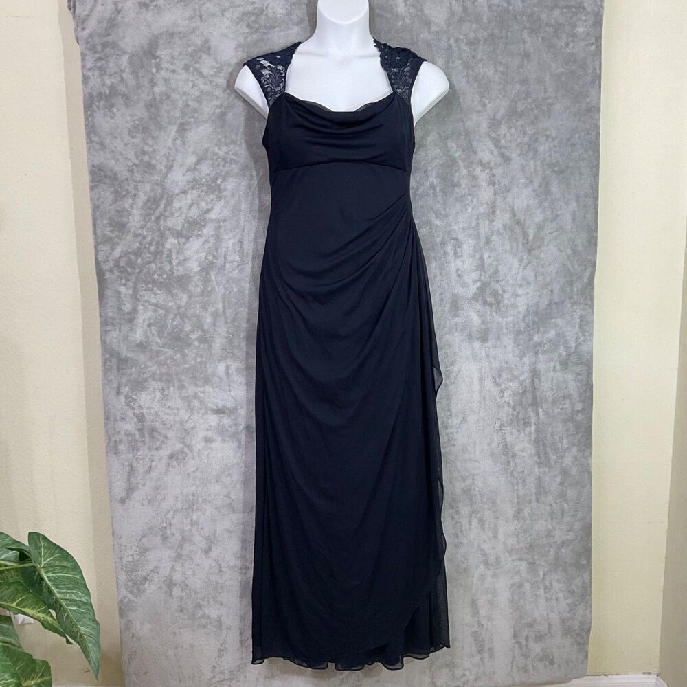 X By Xscape Dress Womens 14 Navy Lace Cap Sleeve Chiffon Wrap Maxi Formal USA